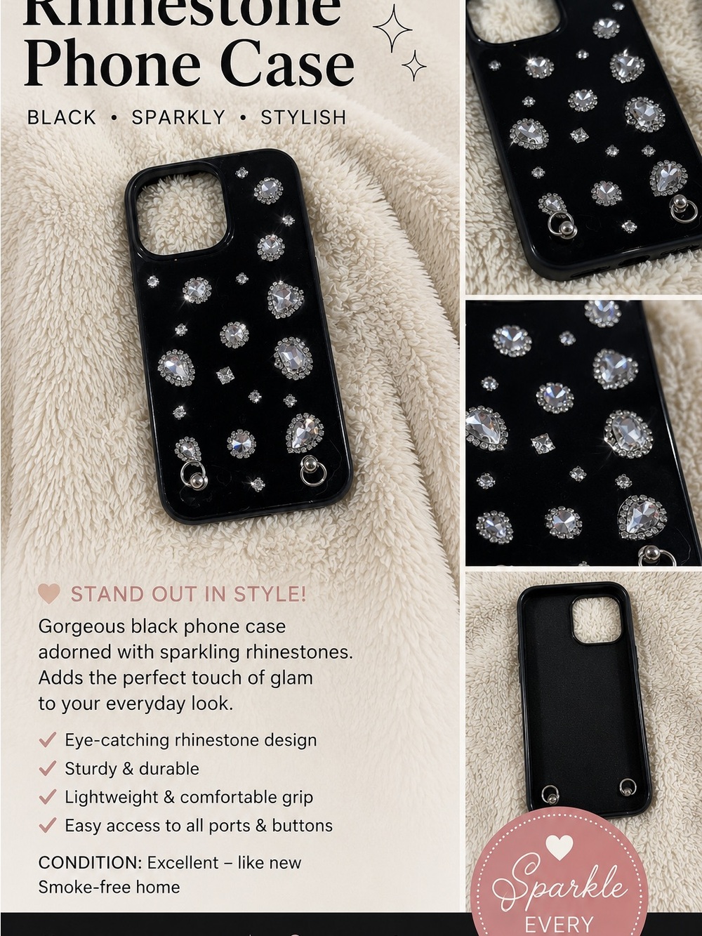 Sparkling Rhinestone Black Phone Case fits Apple iPhone 13-15pro